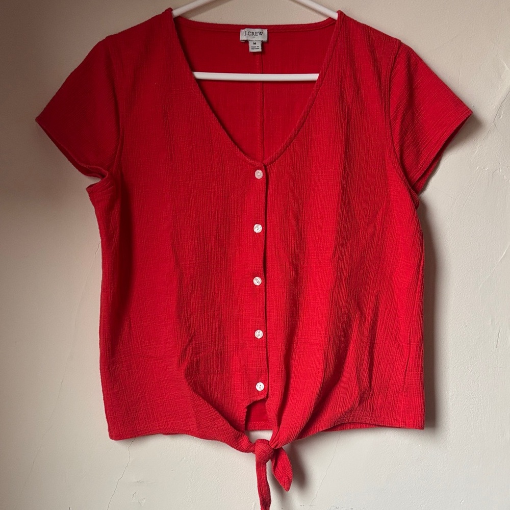 J. Crew Red Button-Down Tie-Front Top